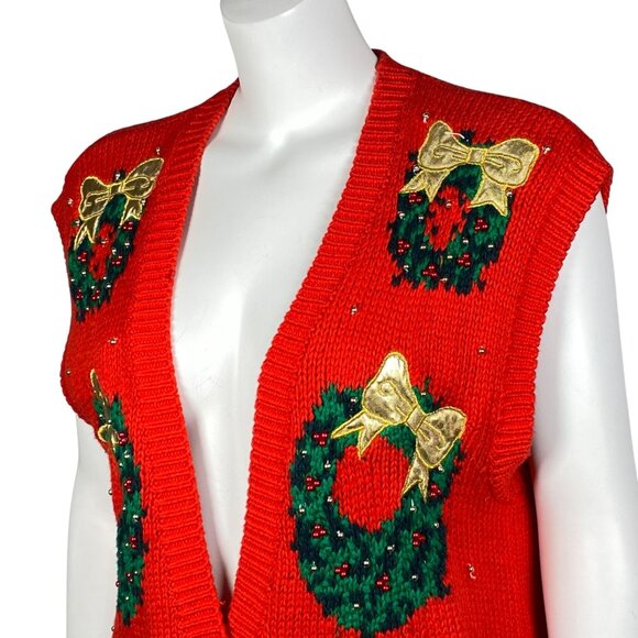 Vintage Westbound Hand Knit Cardigan Sweater Vest Size L Christmas Wreaths - Picture 3 of 7